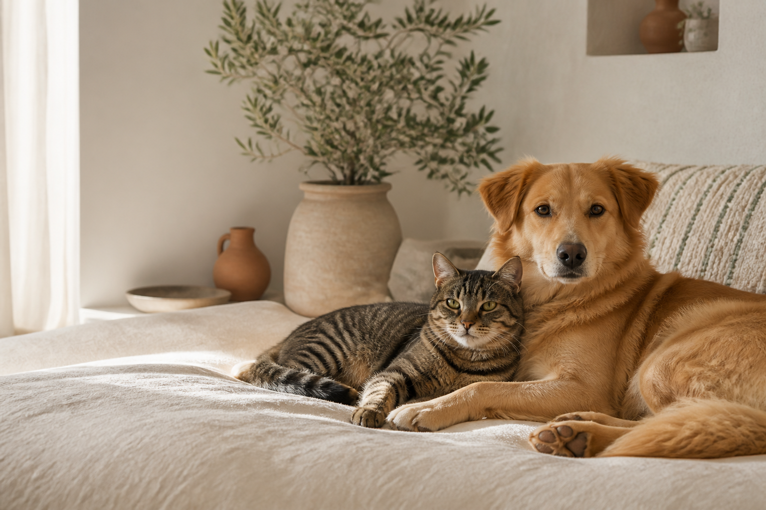 Un perro y un gato descansando juntos en un hogar tranquilo